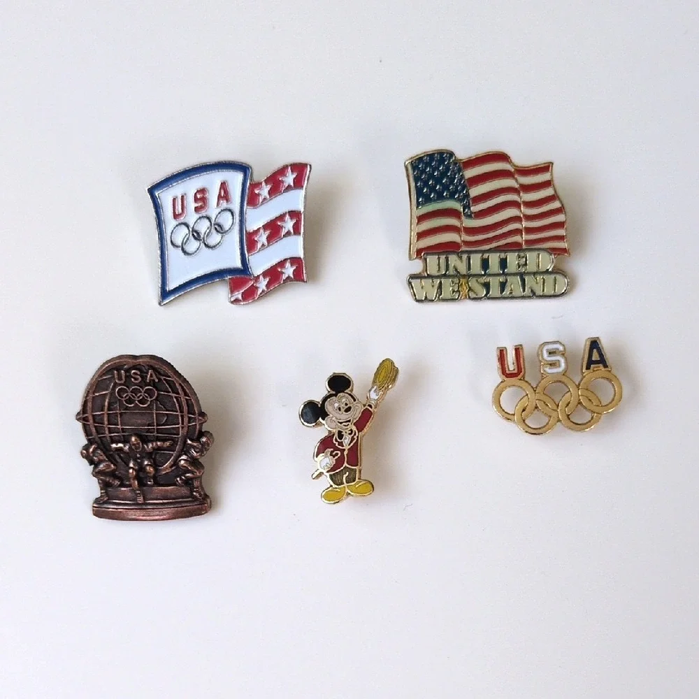 Vtg Patroitic American Flag USA‎ Olympic Team & Disney Lapel Pins Lot - Set of 5